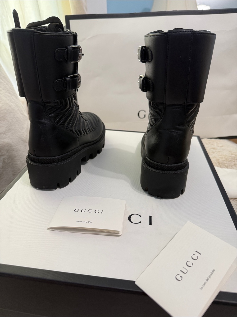 Gucci Black Quilted Leather Lace-Up Combat Boots - Picture 4 of 8